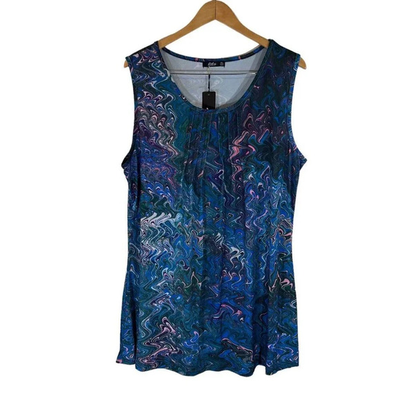 Lily by Firmiana Tunic Plus 1XL Abstract Swirl Pattern Green Blue Pink Pleated - Picture 1 of 7